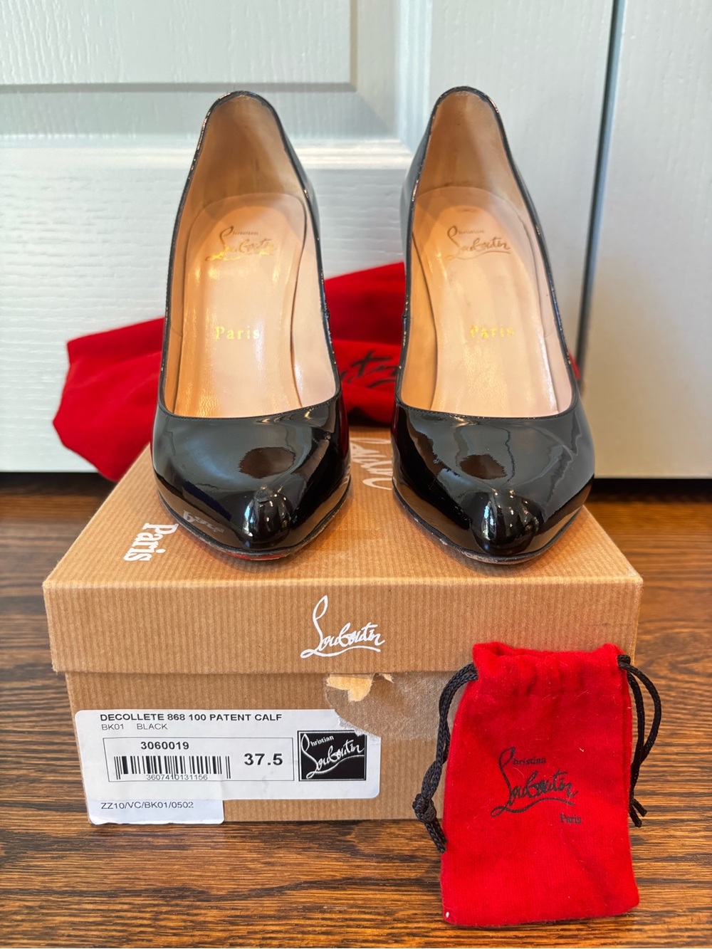 Christian Louboutin Decollete 868 Black Patent Calf Pointed Toe Pumps 37.5
